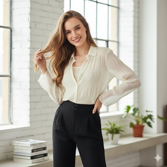 NWT J.ING Jing Aaliyah Wheat V-Neck Sheer Button Down Shirt - Picture 1 of 6